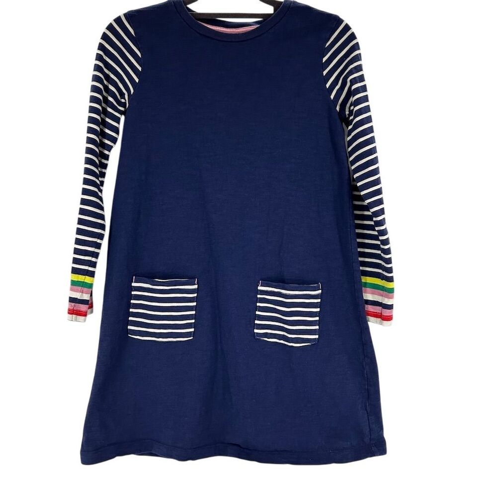 Mini Boden Girls' Blue Striped Long Sleeve Dress Size 11-12 Years Rainbow Cuff
